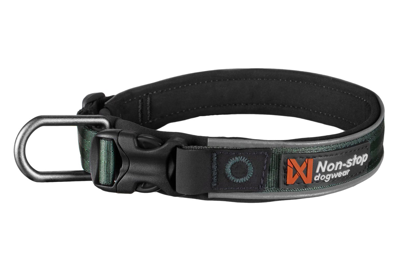 Stock image of the green Roam Collar, a collar with Non-stop branding, on a white background.