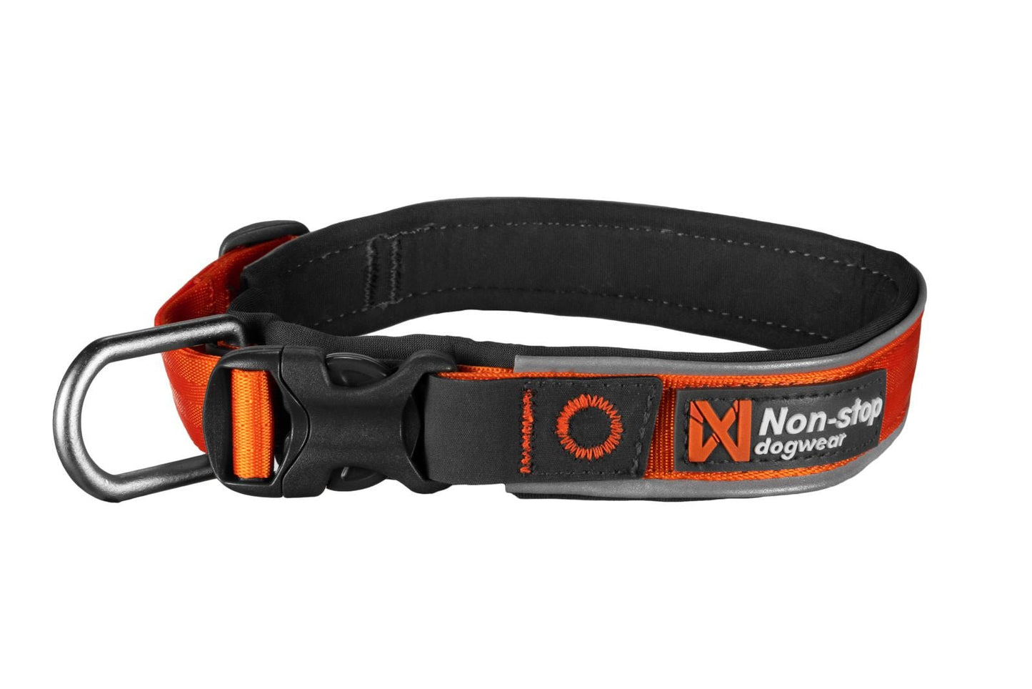 Stock image of the orange Roam Collar, a collar with Non-stop branding, on a white background.