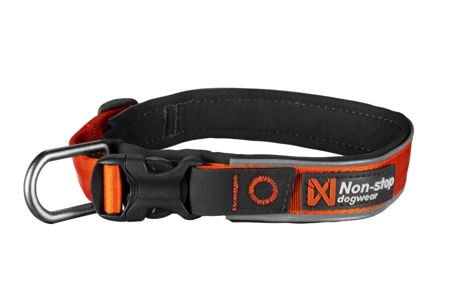 Stock image of the orange Roam Collar, a collar with Non-stop branding, on a white background.