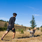 Lifestyle image of the Trekking Belt 2.0, showing a dog running ahead of their owner, while their owner wears the belt.