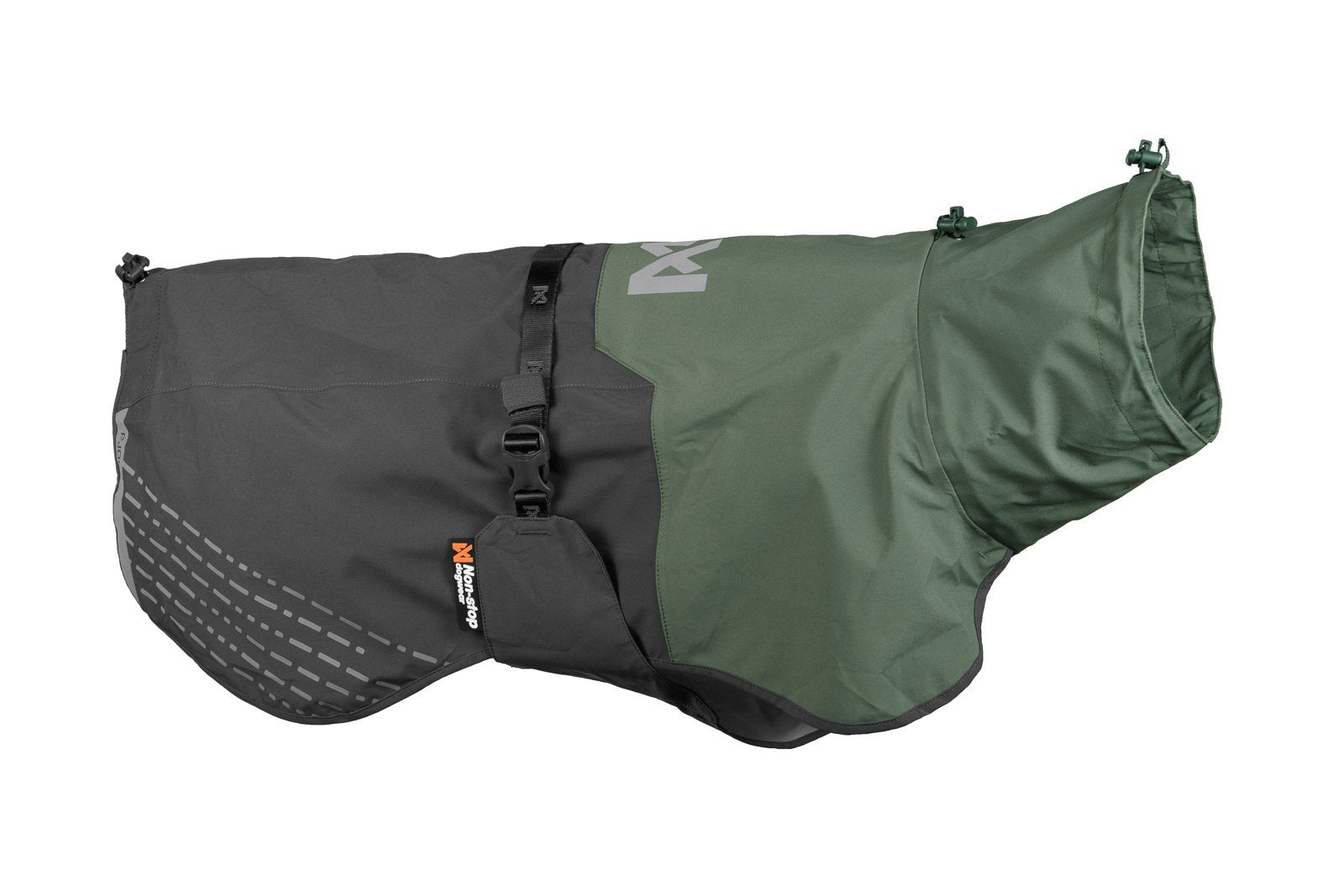 Stock image of the Fjord Raincoat, a two-tone dog coat in grey and green, on a white background.
