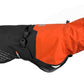 Stock image of the Fjord Raincoat, a two-tone dog coat in orange and black, on a white background.