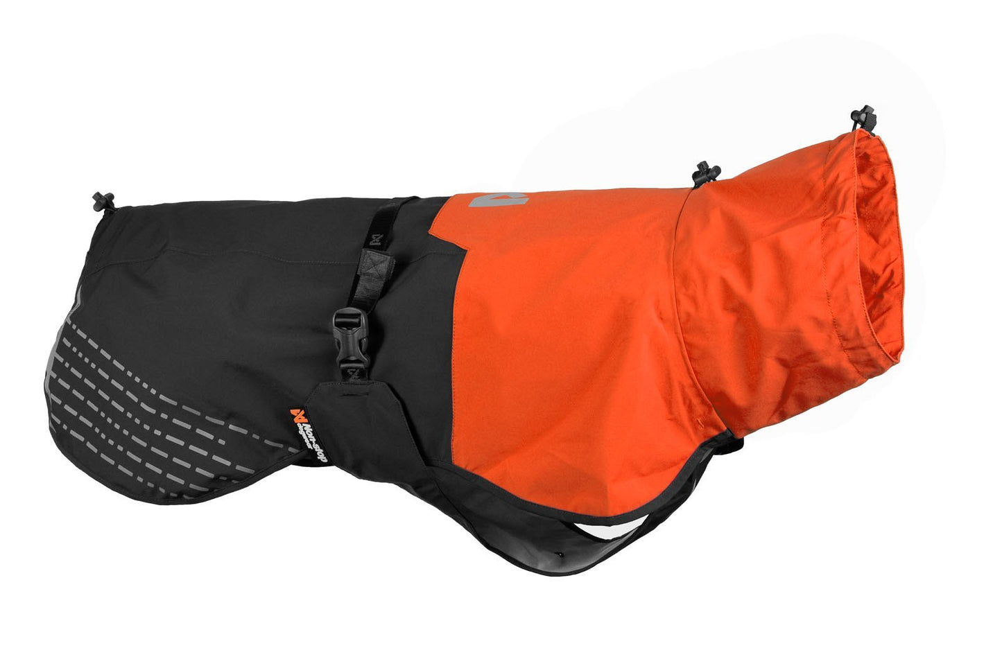 Stock image of the Fjord Raincoat, a two-tone dog coat in orange and black, on a white background.
