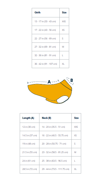 Sizing chart for the Dirtbag Dog Towel.
