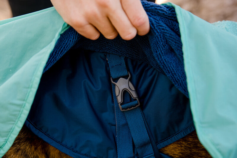 Lifestyle image of the Dirtbag Dog Towel, showing the buckle of the towel.