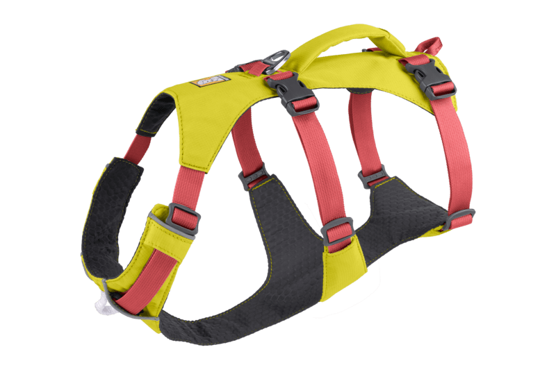 Stock image of the Flagline Harness in Lichen Green, a double-belly strap harness on a white background with a handle.