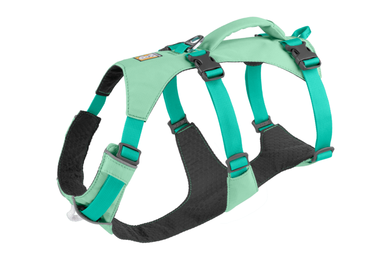 Stock image of the Flagline Harness in Sage Green, a double-belly strap harness on a white background with a handle.