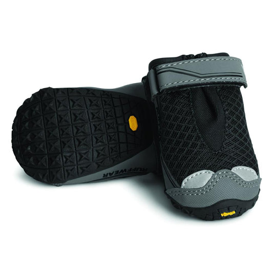 Stock image of the Grip Trex Dog Boots, a pair of black dog shoes, against a white background.