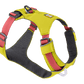 Stock image of the Hi & Light Harness in Lichen Green, a bright yellow and pink harness on a white background.