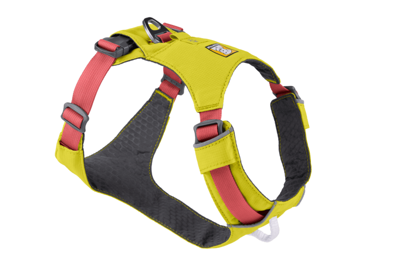 Stock image of the Hi & Light Harness in Lichen Green, a bright yellow and pink harness on a white background.