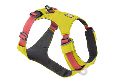 Stock image of the Hi & Light Harness in Lichen Green, a bright yellow and pink harness on a white background.