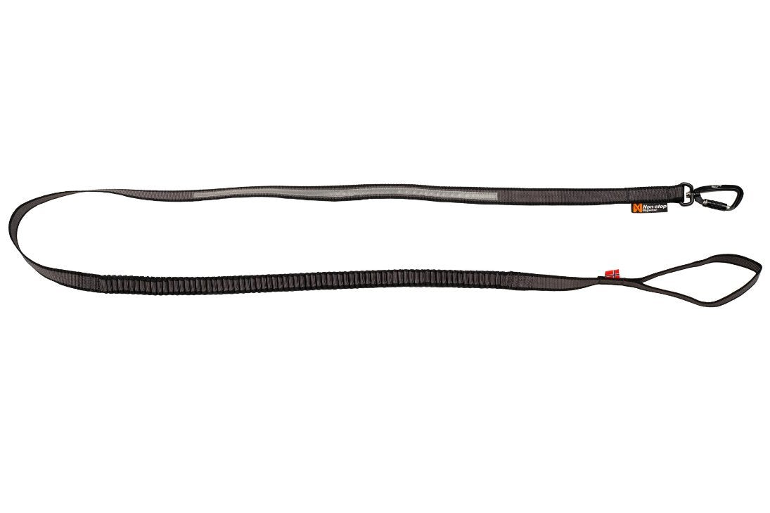 Stock image of the Touring Bungee Lead, a black dog lead with a carabiner and handle, with a white background.