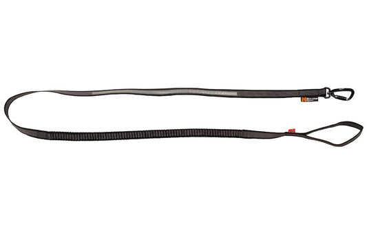 Stock image of the Touring Bungee Lead, a black dog lead with a carabiner and handle, with a white background.