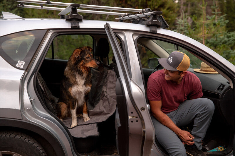 Dog and owner, getting ready for adventures in their car.